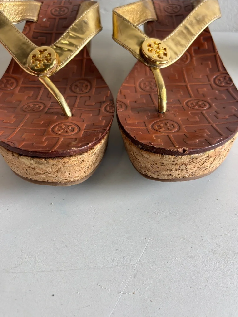 Tory Burch Thora Metallic Gold Leather Cork Wedge Thong Sandals